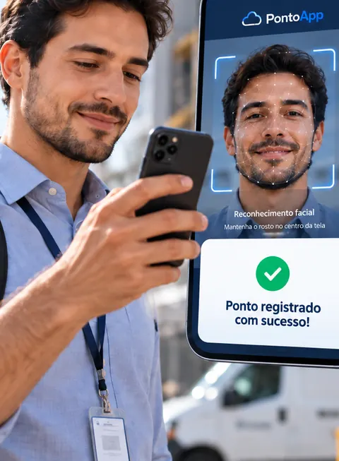 Trabalhador em campo olha o celular; a tela mostra o reconhecimento facial e a confirmação do ponto.