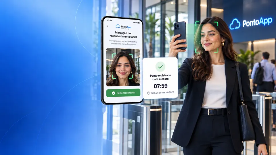 Mulher aponta o celular para o rosto; a tela mostra a marcação por reconhecimento facial e a confirmação do ponto.