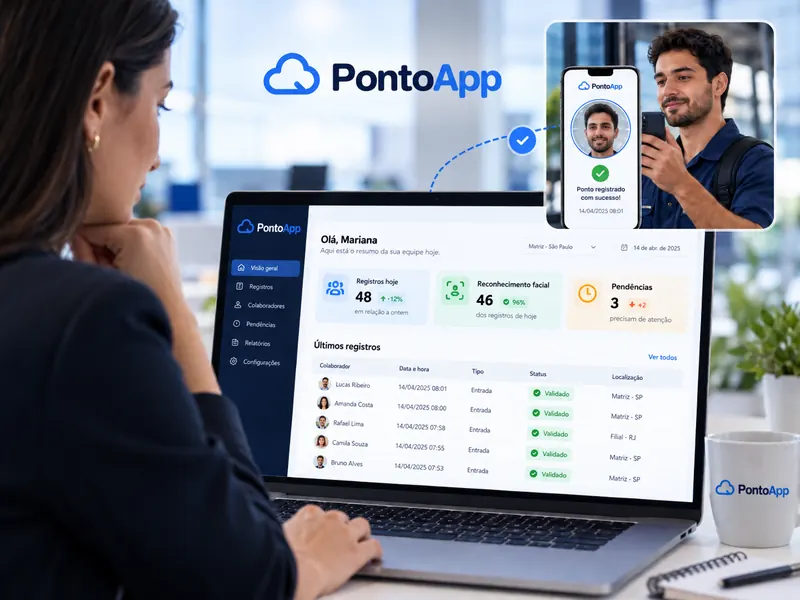 Gestora acompanha no notebook o painel com os registros do dia da equipe.